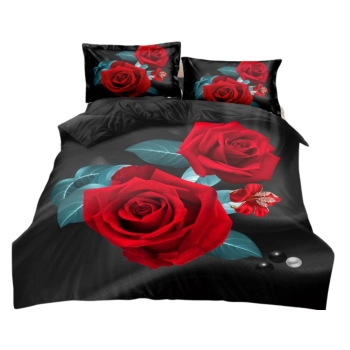 Pościel 160x200 Bawełna satynowa Czarna z czerwoną różą PK629 z PRZEŚCIERADŁEM